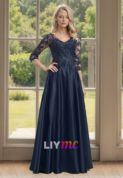 V-Neck Half Sleeves Appliques Pleated A-Line Satin Mother of Bride Dress