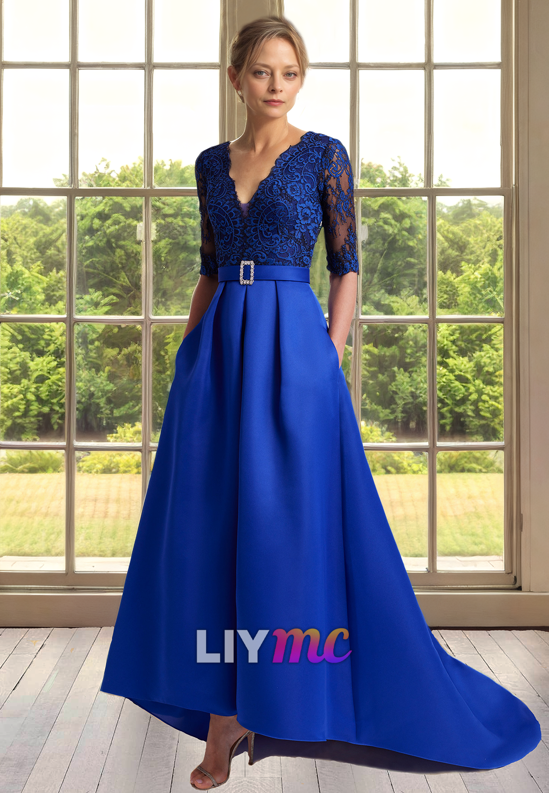 V-Neck Half Sleeves Appliques Sleek Satin A-Line Mother of Bride Dress Cocktail Dress