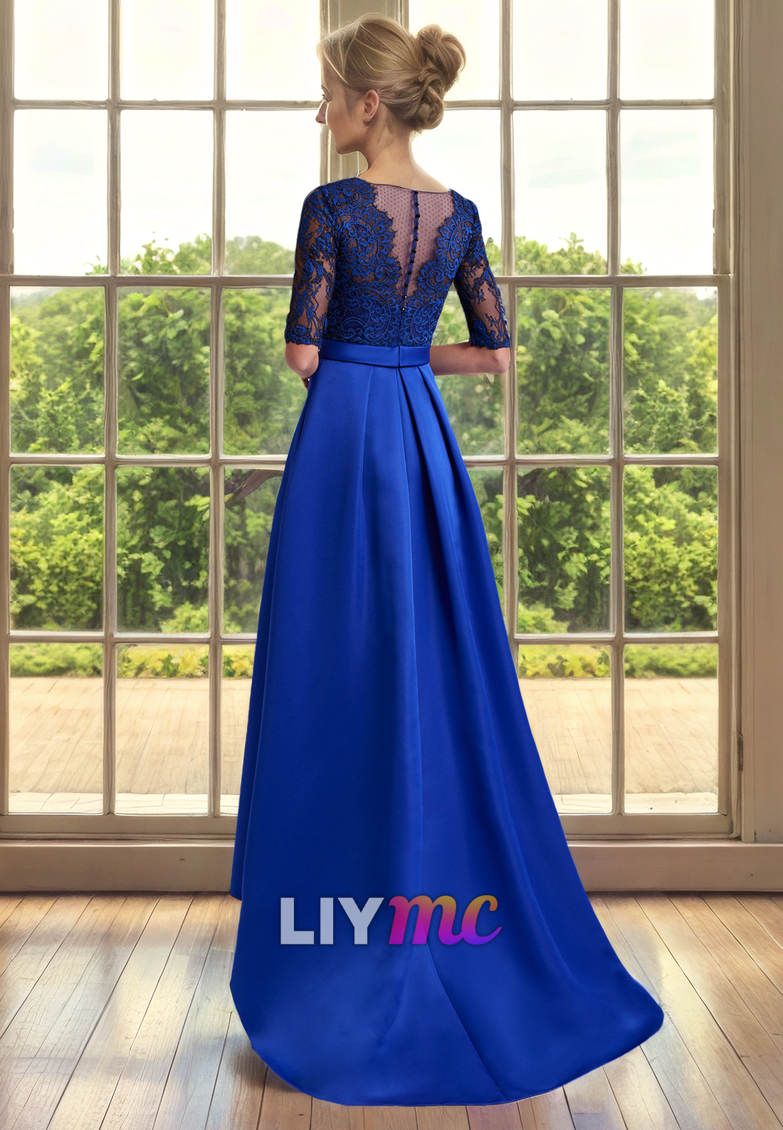 V-Neck Half Sleeves Appliques Sleek Satin A-Line Mother of Bride Dress Cocktail Dress