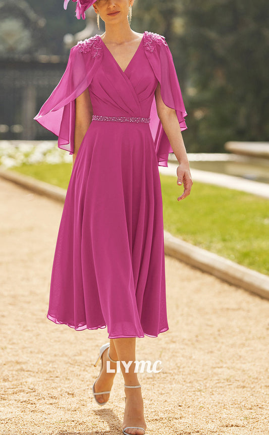 M1199 - V-Neck Half Sleeves Chiffon A-Line Pleated Mother of Bride Dress Cocktail Dress