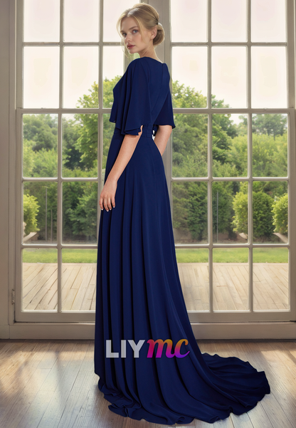 V-Neck Half Sleeves Chiffon Pleated A-Line Mother of Bride Dress Cocktail Dress