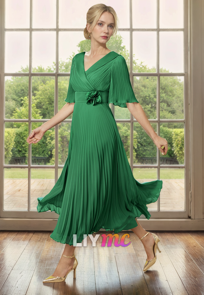 V-Neck Half Sleeves Chiffon Pleated A-Line Mother of Bride Dress Cocktail Dress