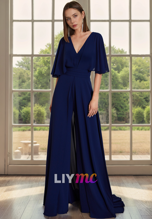 V-Neck Half Sleeves Chiffon Pleated A-Line Mother of Bride Dress Cocktail Dress