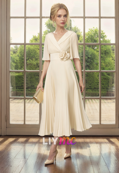 V-Neck Half Sleeves Chiffon Pleated A-Line Mother of Bride Dress Cocktail Dress