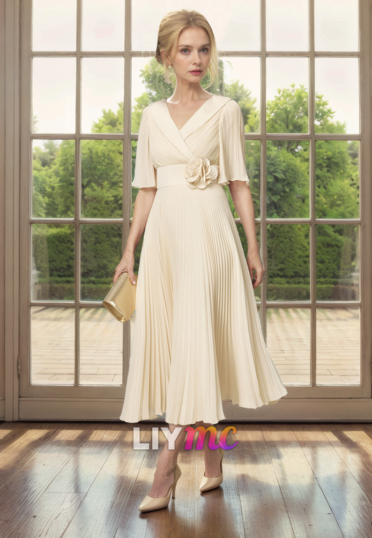 V-Neck Half Sleeves Chiffon Pleated A-Line Mother of Bride Dress Cocktail Dress