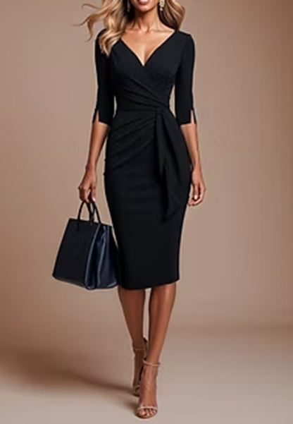 V-Neck Half Sleeves Fitted Mermaid Midi Work Dress