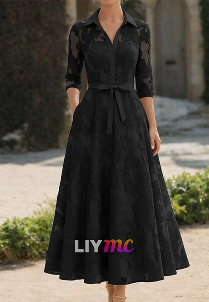 V-Neck Half Sleeves Floral Appliques A-Line Mother of Bride Dress