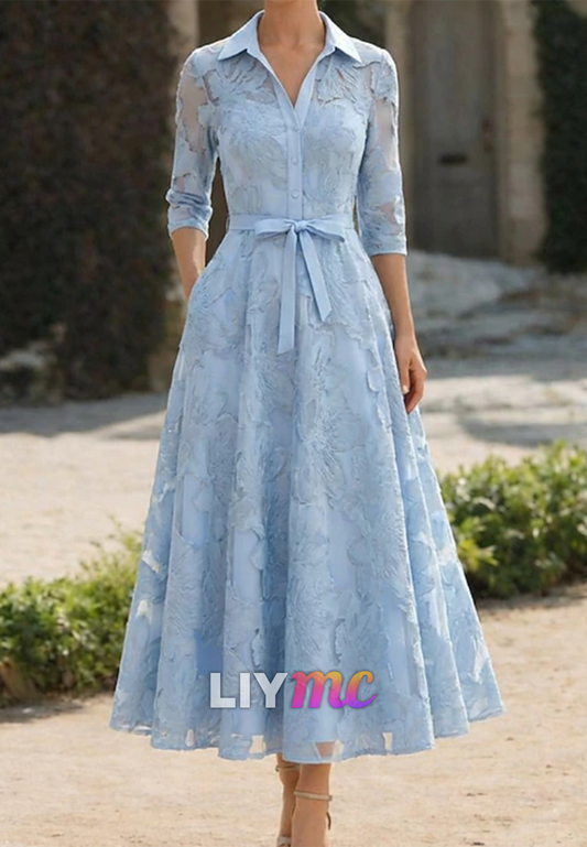 V-Neck Half Sleeves Floral Appliques A-Line Mother of Bride Dress