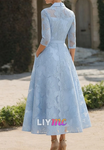 V-Neck Half Sleeves Floral Appliques A-Line Mother of Bride Dress