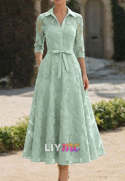 V-Neck Half Sleeves Floral Appliques A-Line Mother of Bride Dress