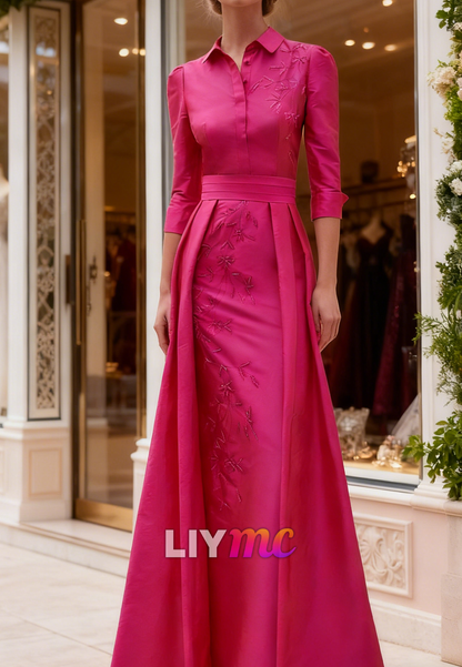 V-Neck Half Sleeves Floral Embellished Sheath Mother of Bride Dress