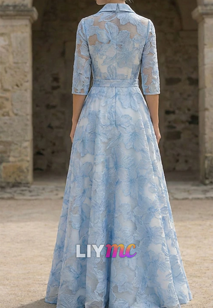 V-Neck Half Sleeves Floral Printed A-Line Mother of Bride Dress