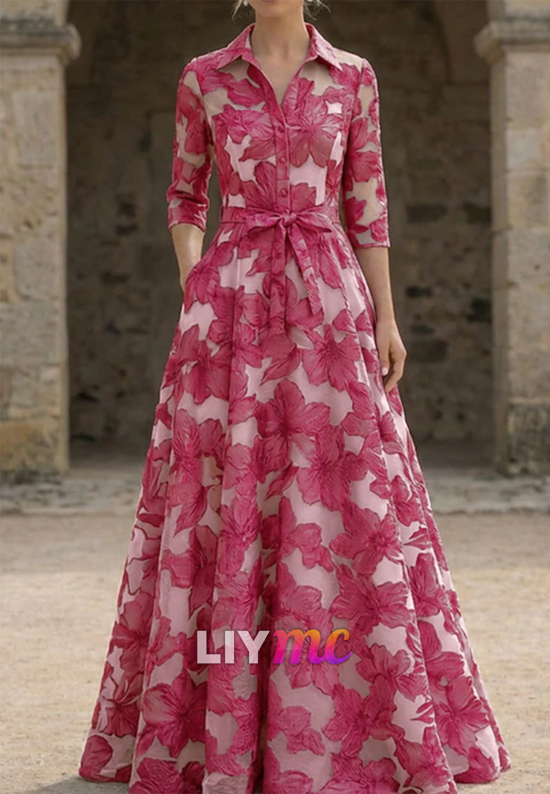 V-Neck Half Sleeves Floral Printed A-Line Mother of Bride Dress
