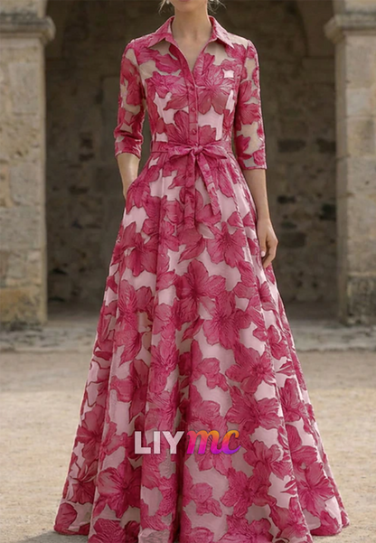 V-Neck Half Sleeves Floral Printed A-Line Mother of Bride Dress