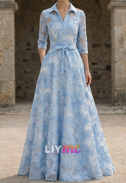 V-Neck Half Sleeves Floral Printed A-Line Mother of Bride Dress