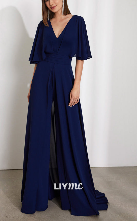 M1225 - V-Neck Half Sleeves Jumpsuit Chiffon Mother of Bride Dress Cocktail Dress