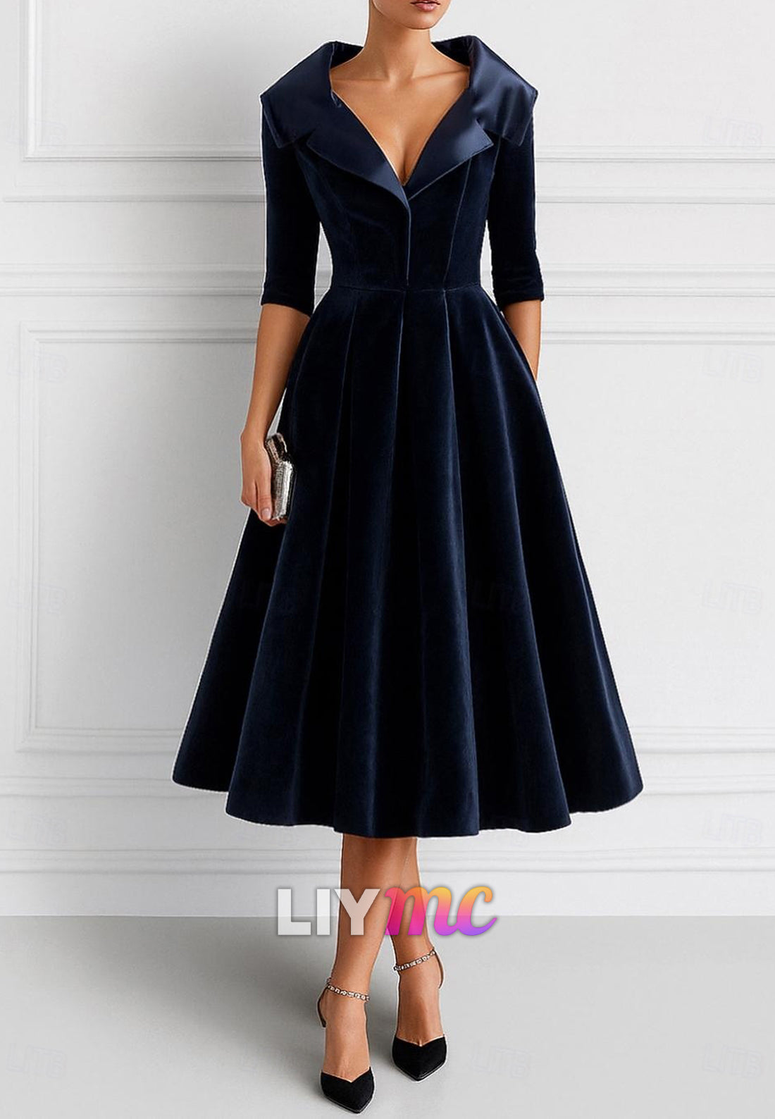 V-Neck Half Sleeves Pleated A-Line Midi Cocktail Mother of  Bride Dress