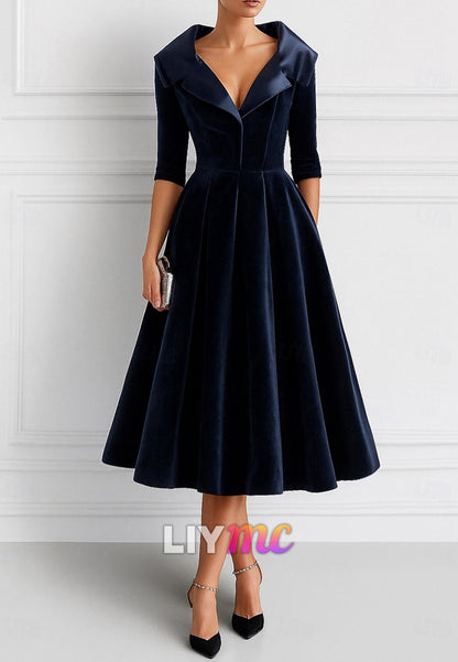 V-Neck Half Sleeves Pleated A-Line Midi Cocktail Mother of  Bride Dress