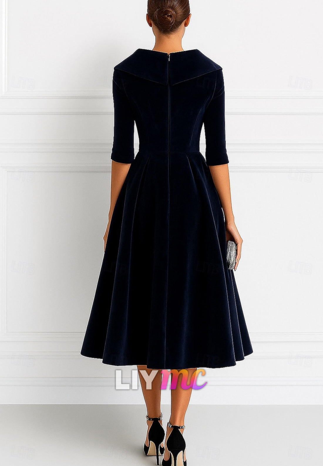 V-Neck Half Sleeves Pleated A-Line Midi Cocktail Mother of  Bride Dress