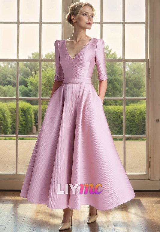 M1246 - V-Neck Long Sleeves Pleated A-Line Mother of Bride Dress Cocktail Dress