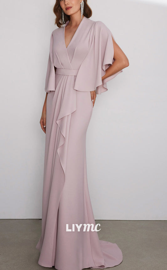 M1218 - V-Neck Half Sleeves Ruffled Sleek Chiffon Long Mother of Bride Dress Cocktail Dress