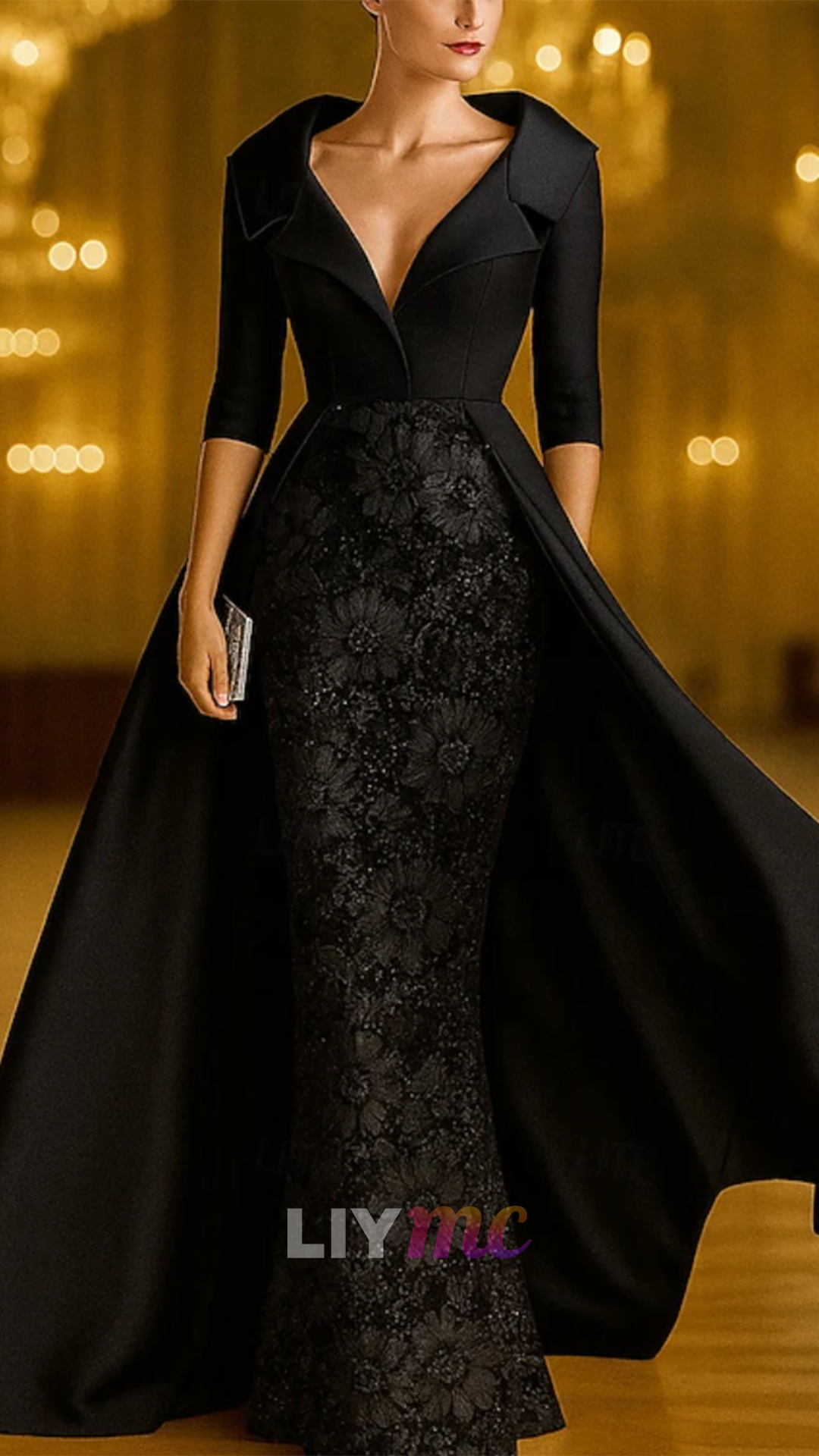 V-Neck Half Sleeves Sequins Appliques Mermaid Mother of Bride Dress
