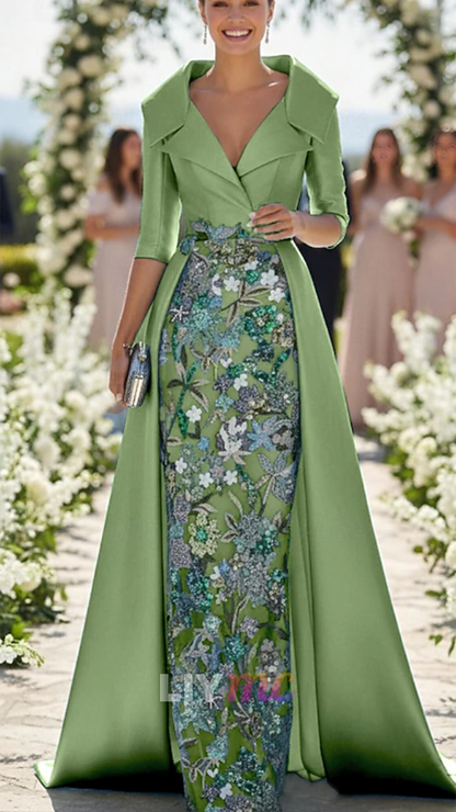 V-Neck Half Sleeves Sequins Appliques Mermaid Mother of Bride Dress