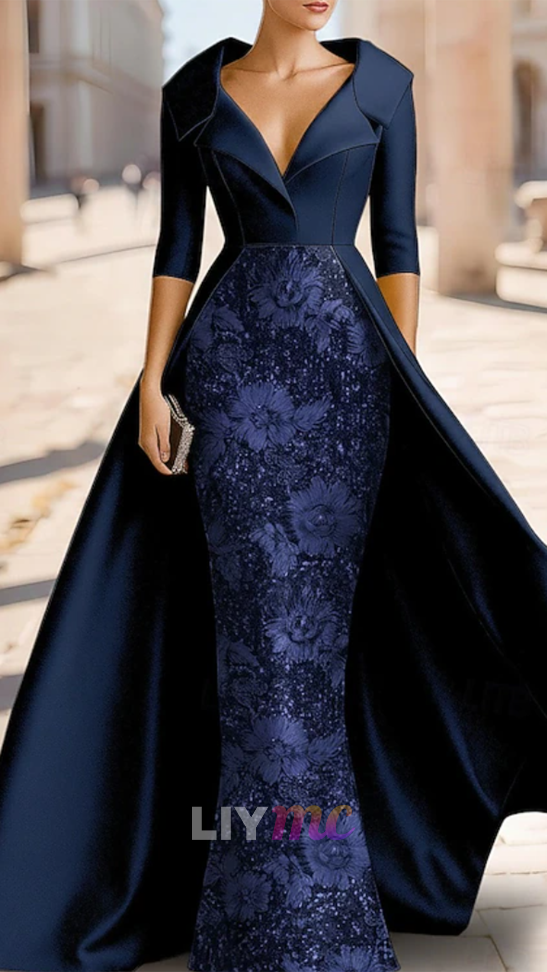 V-Neck Half Sleeves Sequins Appliques Mermaid Mother of Bride Dress