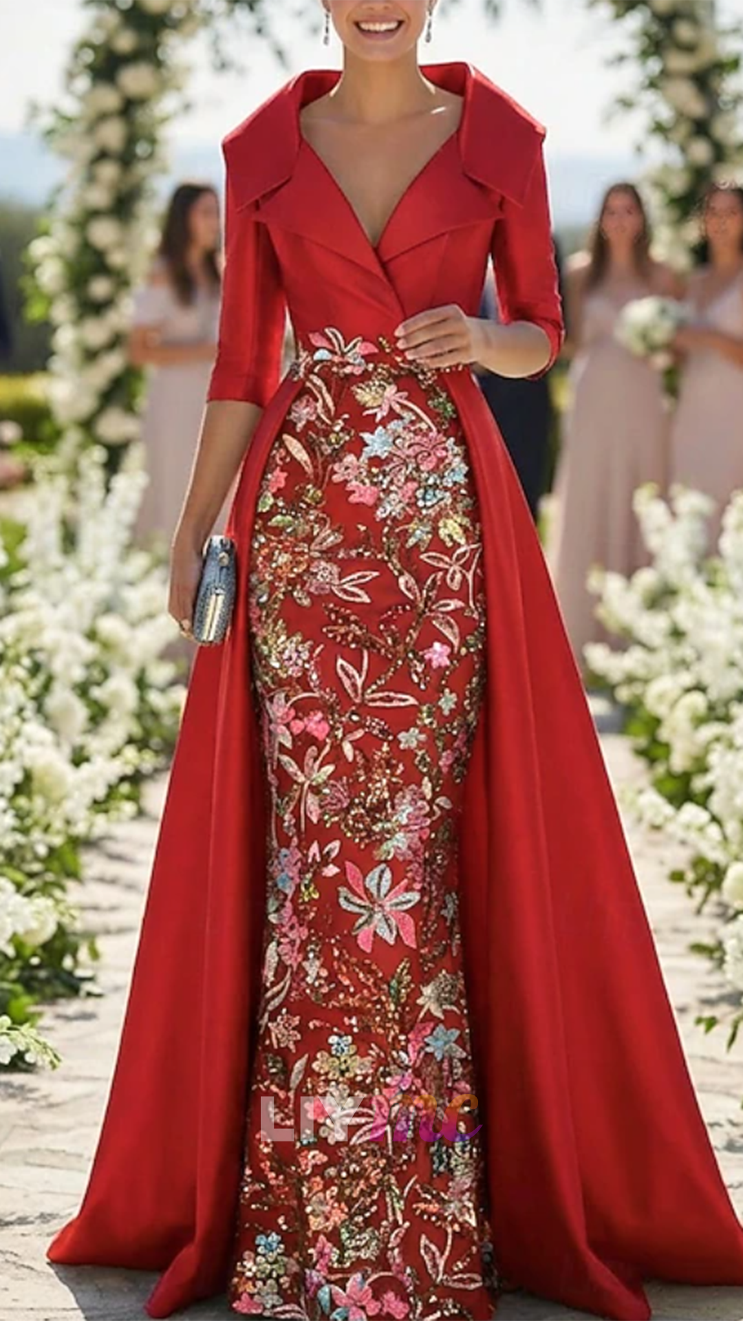 V-Neck Half Sleeves Sequins Appliques Mermaid Mother of Bride Dress