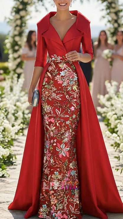 V-Neck Half Sleeves Sequins Appliques Mermaid Mother of Bride Dress