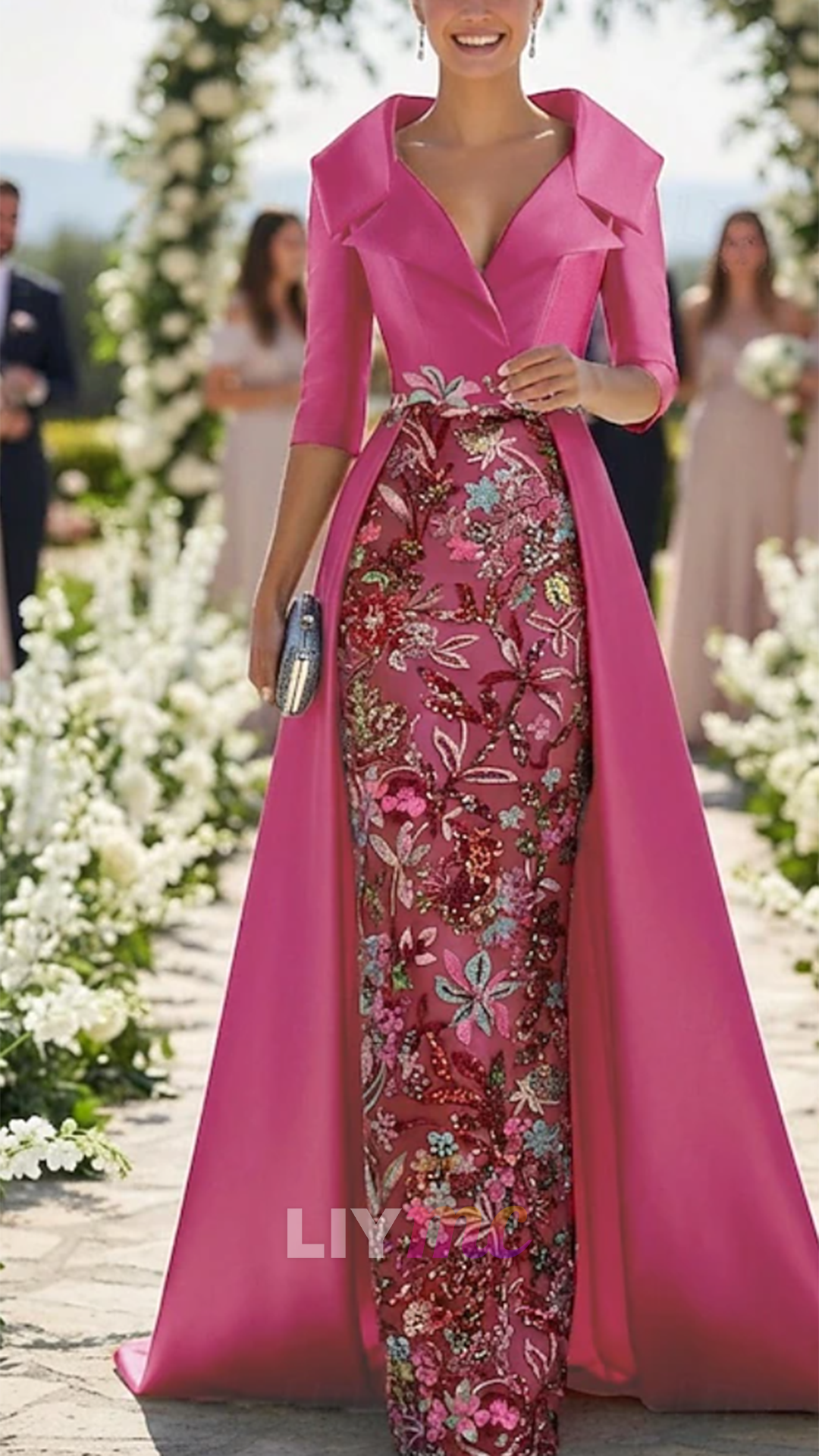 V-Neck Half Sleeves Sequins Appliques Mermaid Mother of Bride Dress