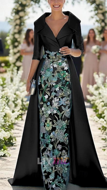 V-Neck Half Sleeves Sequins Appliques Mermaid Mother of Bride Dress