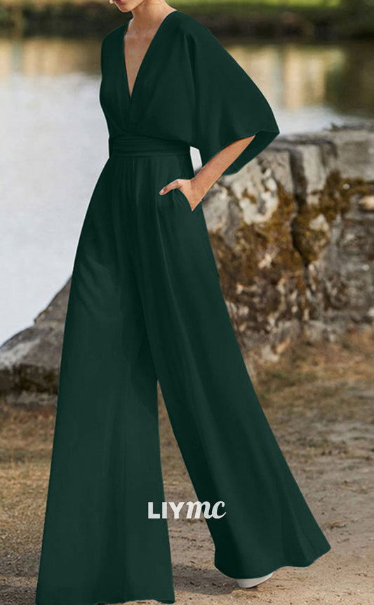 M1110 - V-Neck Half Sleeves Sleek Chiffon Jumpsuit Mother of Bride