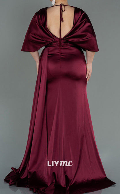 M1120 - V-Neck Half Sleeves Sleek Satin Side Slit Mother of Bride Wedding Guest Dress