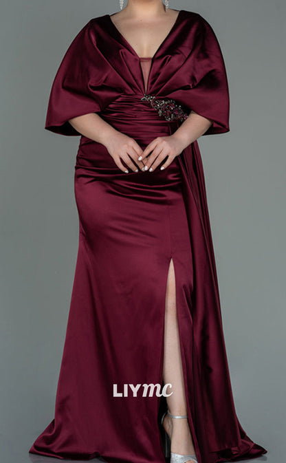 M1120 - V-Neck Half Sleeves Sleek Satin Side Slit Mother of Bride Wedding Guest Dress