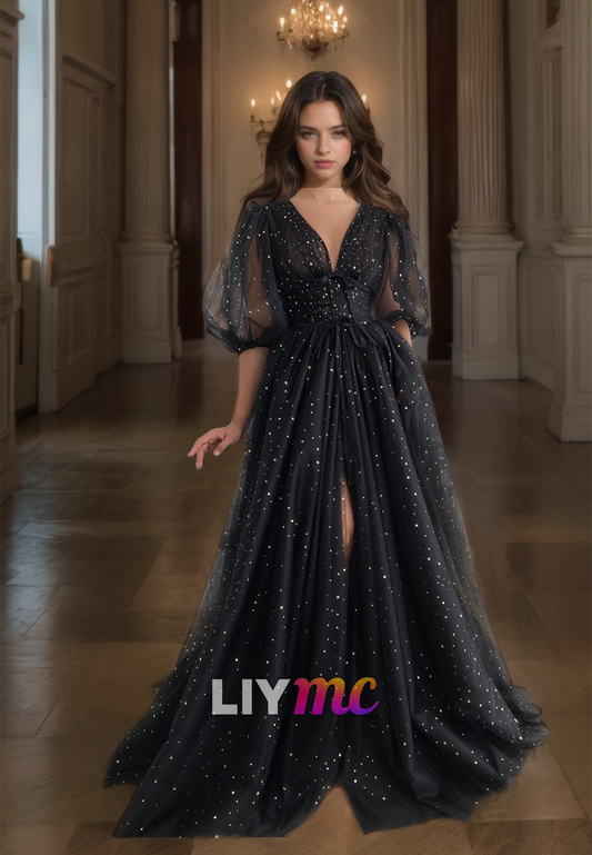 V-Neck Half Sleeves Tulle A-Line Prom Dress