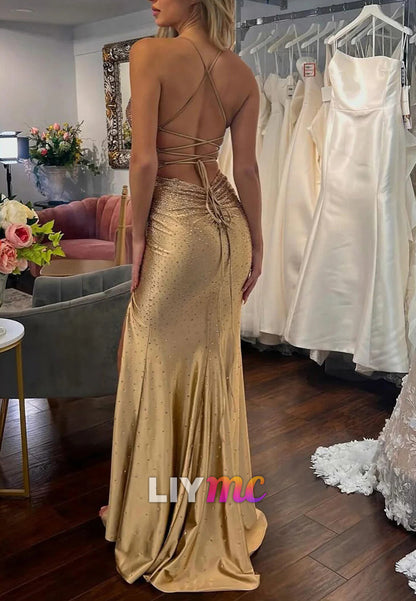 V-Neck Lace-Up Spaghetti Straps Sparkly Mermaid Gold Prom Dress