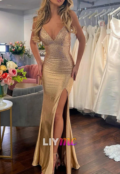 V-Neck Lace-Up Spaghetti Straps Sparkly Mermaid Gold Prom Dress