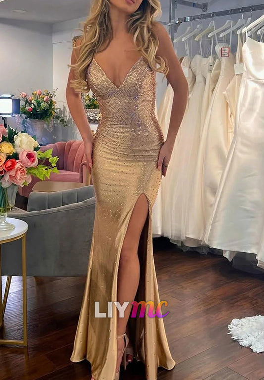 V-Neck Lace-Up Spaghetti Straps Sparkly Mermaid Gold Prom Dress