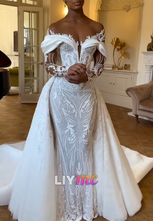 V-Neck Lace Appliques Long Sleeves Mermaid Wedding Dress