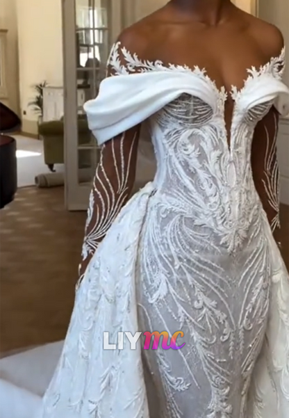 V-Neck Lace Appliques Long Sleeves Mermaid Wedding Dress