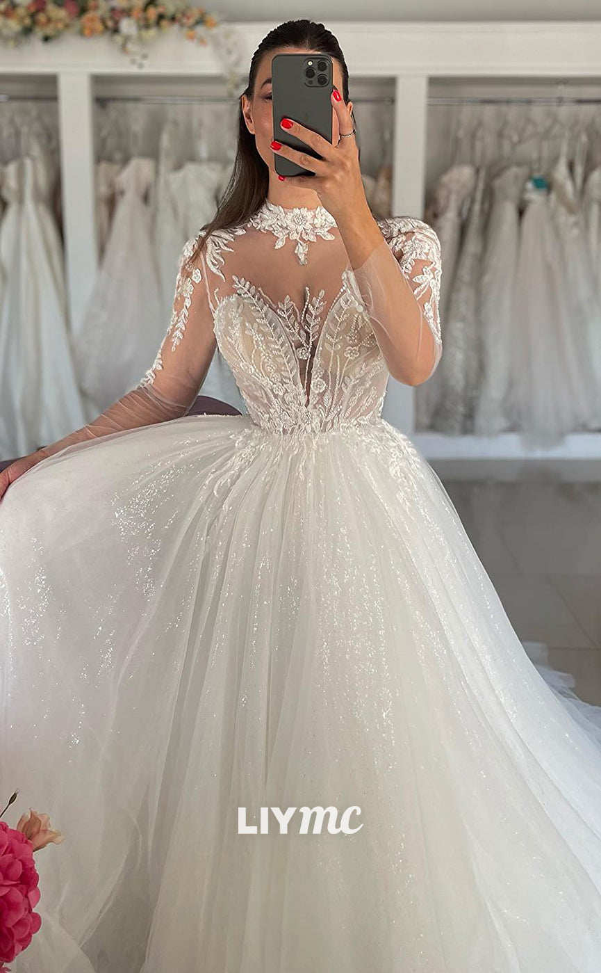 LW436 - V-Neck Lace Appliques Sheer Tulle Tiered A-Line Ball Gown Wedding Dress