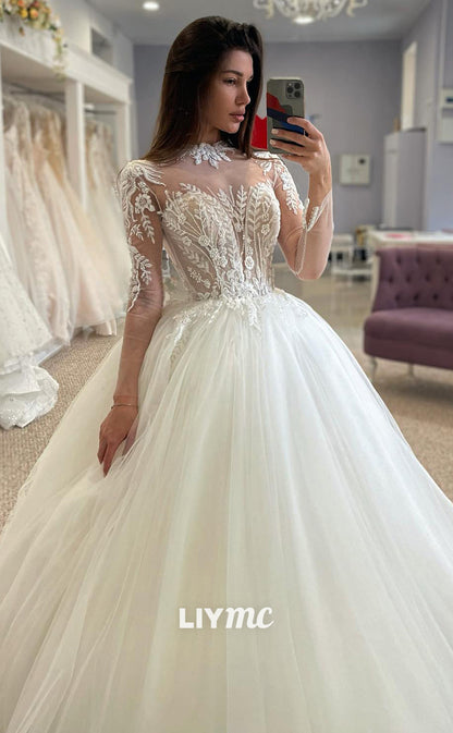 LW436 - V-Neck Lace Appliques Sheer Tulle Tiered A-Line Ball Gown Wedding Dress