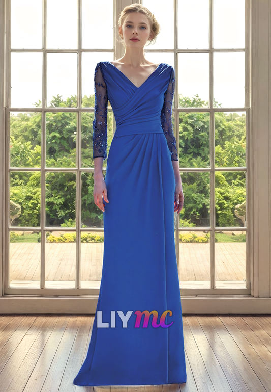 V-Neck Long Lace Appliques Sleeves Ruched Sheath Long Mother of Bride Dress Cocktail Dress