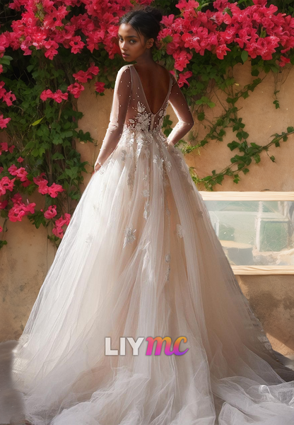 V-Neck Long Sheer Sleeves Floral Embellished Ball Gown Wedding Dress