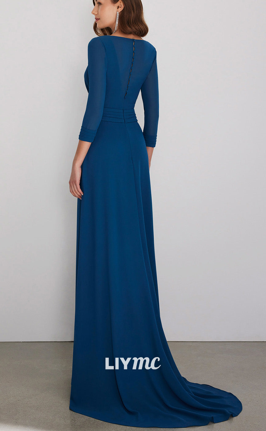 M1262 - V-Neck Long Sleeeves Pleated Long A-Line Mother of Bride Dress Cocktail Dress