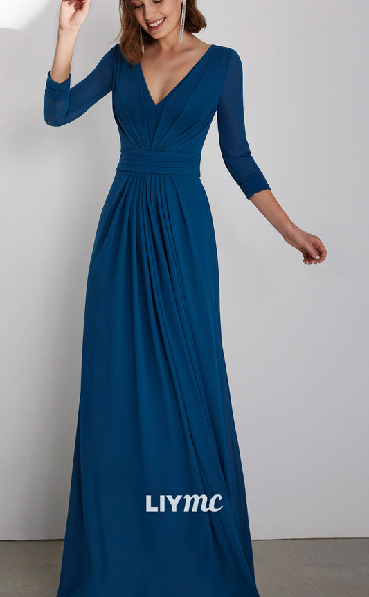 M1262 - V-Neck Long Sleeeves Pleated Long A-Line Mother of Bride Dress Cocktail Dress