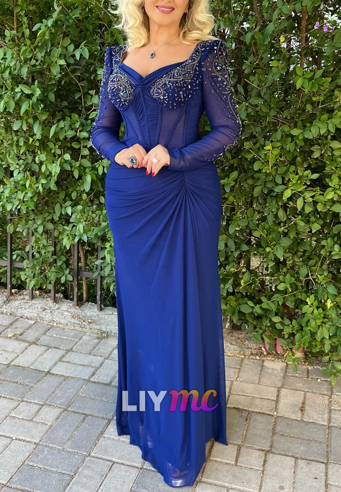 V-Neck Long Sleeves Appliques Ruched Sheath Mother of Bride Dress