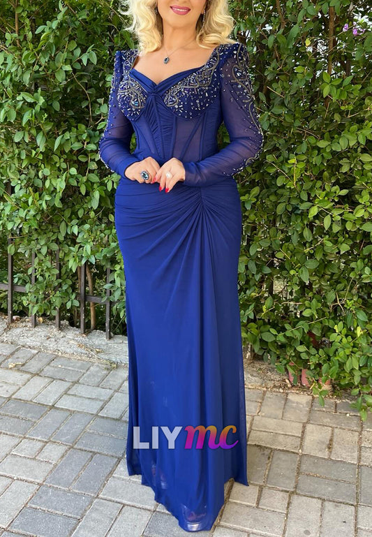 V-Neck Long Sleeves Appliques Ruched Sheath Mother of Bride Dress