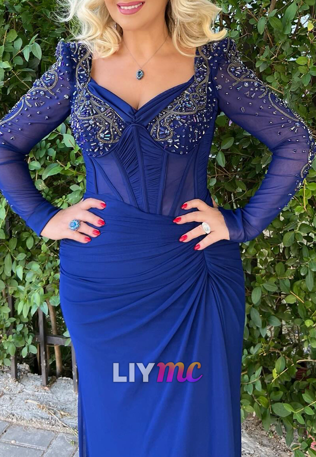 V-Neck Long Sleeves Appliques Ruched Sheath Mother of Bride Dress